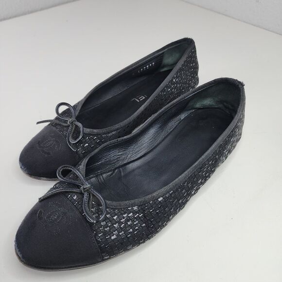 Chanel Glitter Tweed Ballet Flats Black Grosgrain Cap Toe Bow 37 Made in Italy - Picture 1 of 16